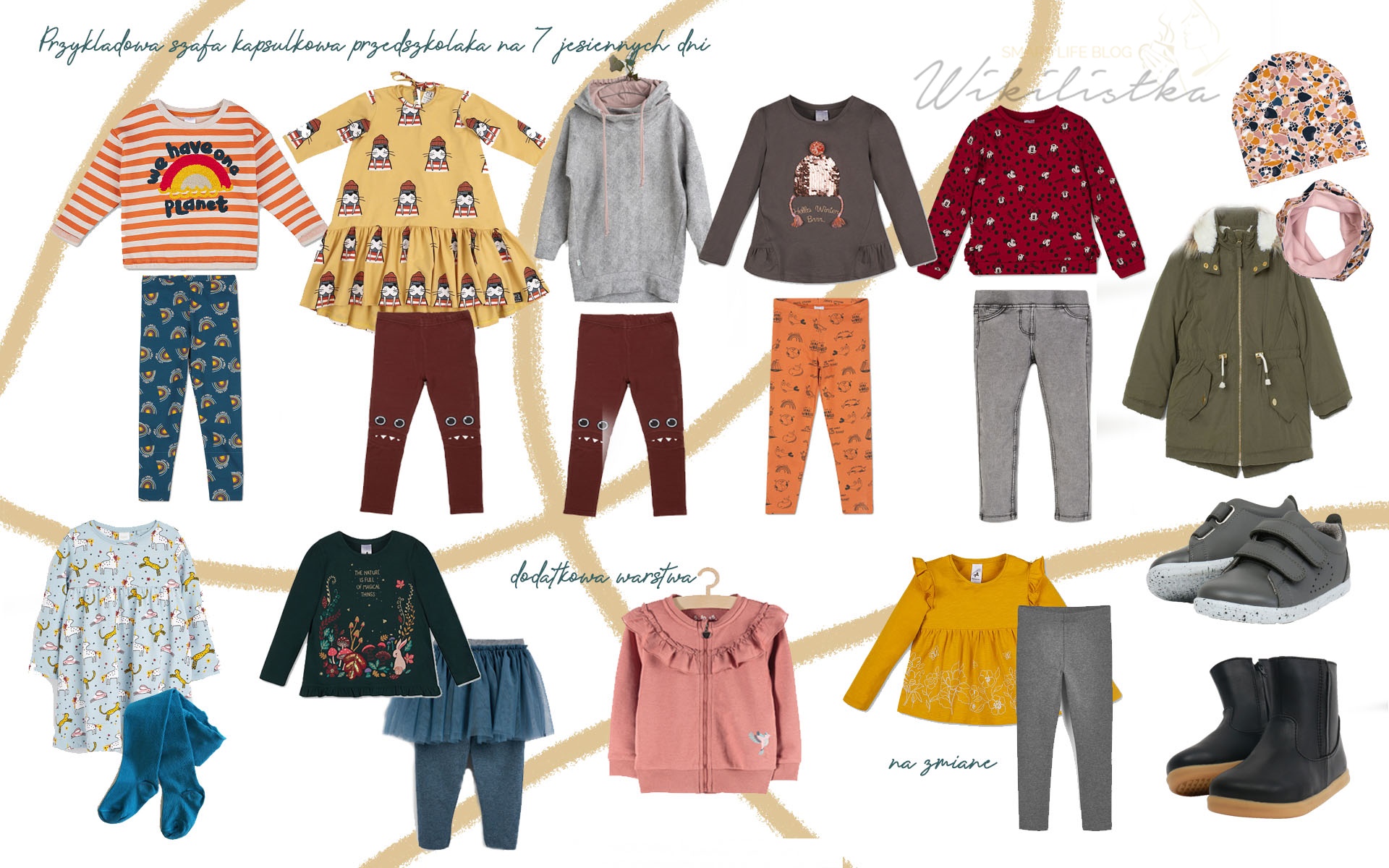 siedem zestawów ubrań dla dziewczynki na jesień